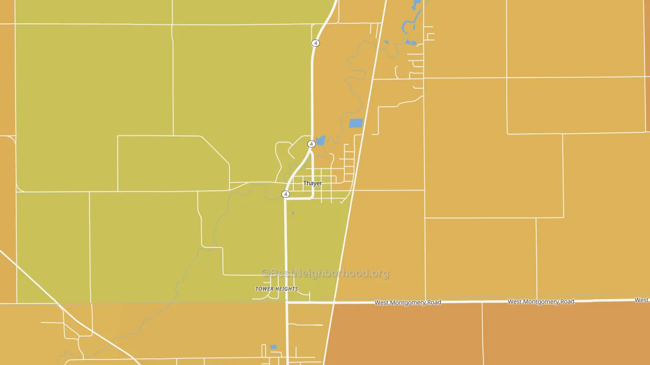 Map of the best neighborhoods in the 62689 area, with better matches in green and worse matches in red