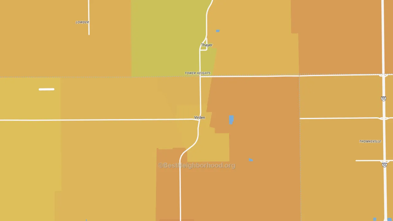 Map of the best neighborhoods in the 62690 area, with better matches in green and worse matches in red