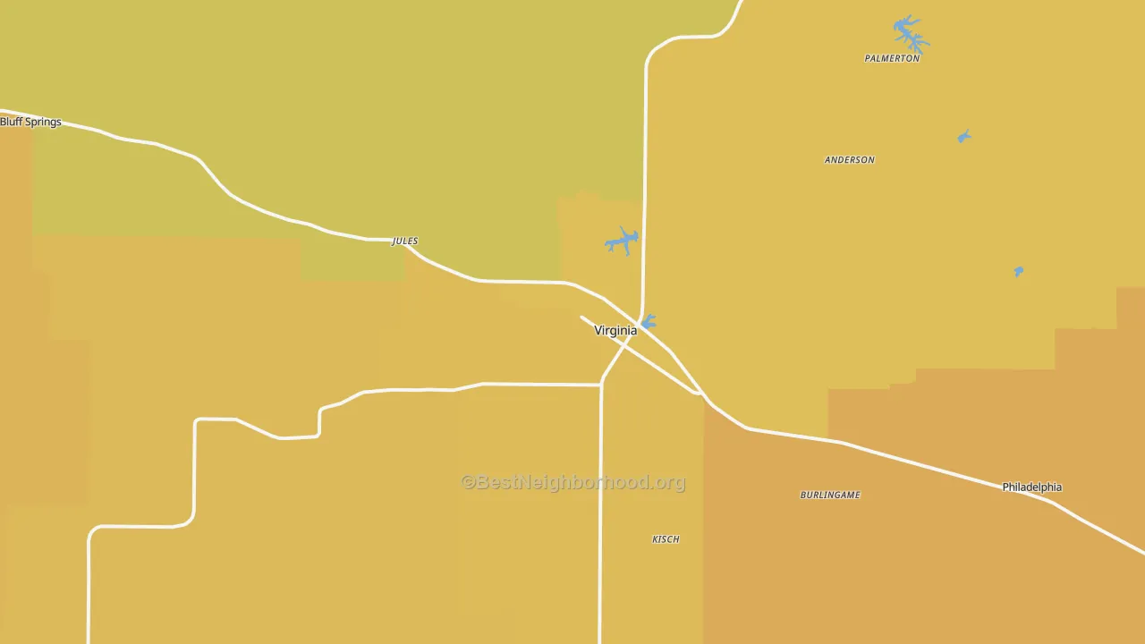 Map of the best neighborhoods in the 62691 area, with better matches in green and worse matches in red