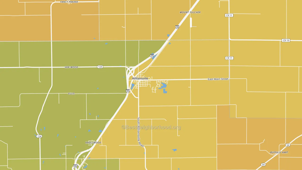Map of the best neighborhoods in the 62693 area, with better matches in green and worse matches in red