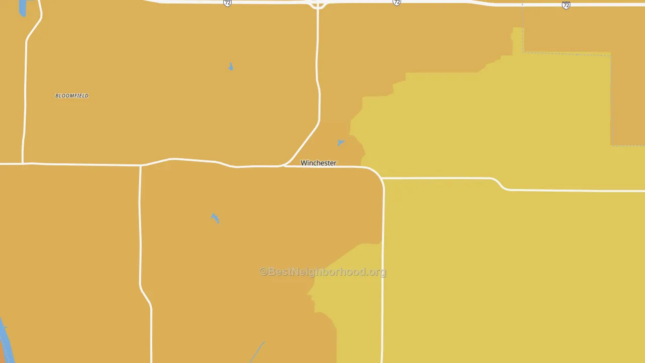 Map of the best neighborhoods in the 62694 area, with better matches in green and worse matches in red