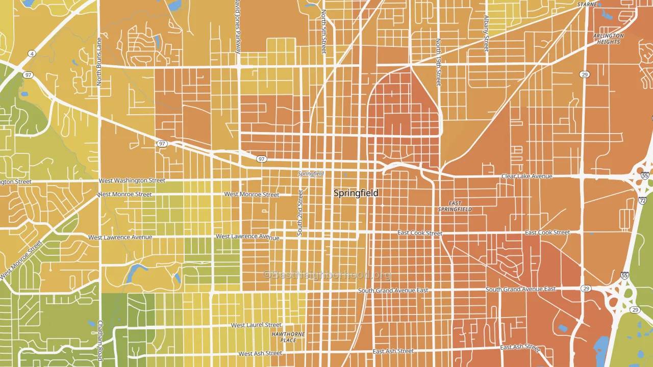 Map of the best neighborhoods in the 62701 area, with better matches in green and worse matches in red