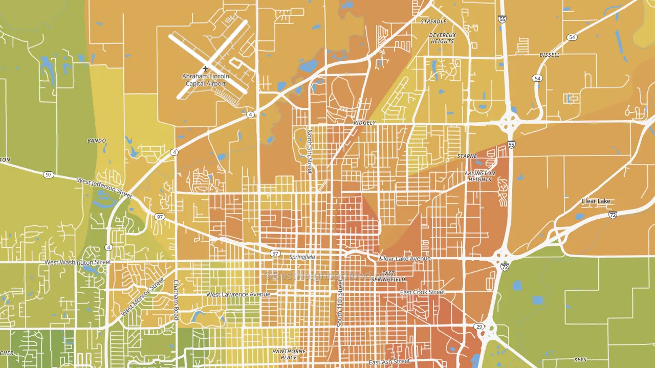 Map of the best neighborhoods in the 62702 area, with better matches in green and worse matches in red