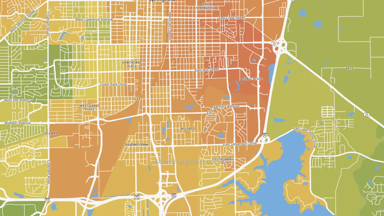 Map of the best neighborhoods in the 62703 area, with better matches in green and worse matches in red