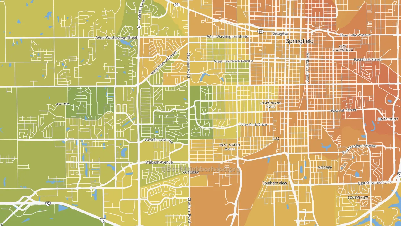 Map of the best neighborhoods in the 62704 area, with better matches in green and worse matches in red