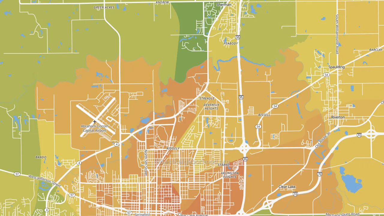 Map of the best neighborhoods in the 62707 area, with better matches in green and worse matches in red