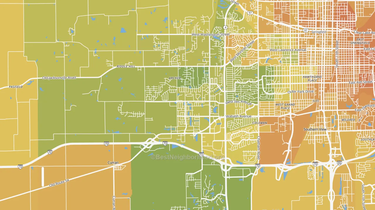 Map of the best neighborhoods in the 62711 area, with better matches in green and worse matches in red