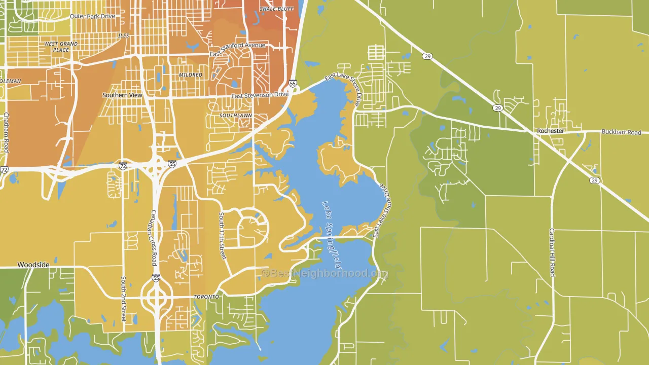 Map of the best neighborhoods in the 62712 area, with better matches in green and worse matches in red