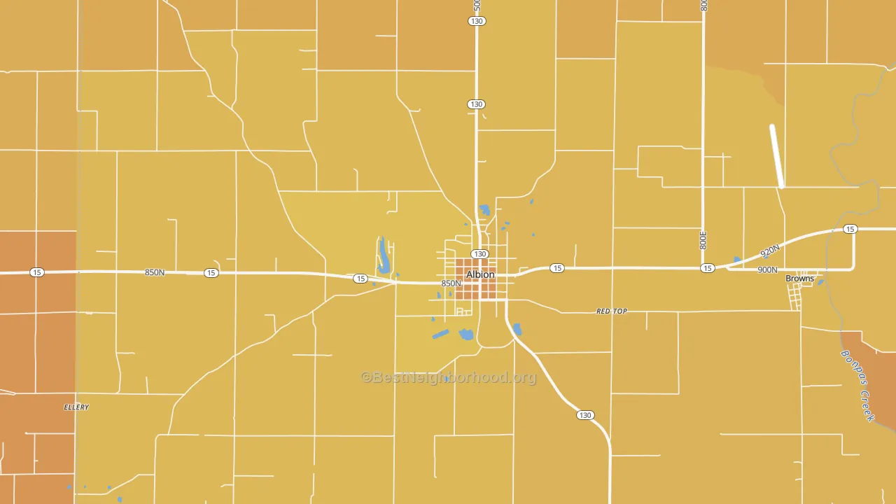 Map of the best neighborhoods in the 62806 area, with better matches in green and worse matches in red