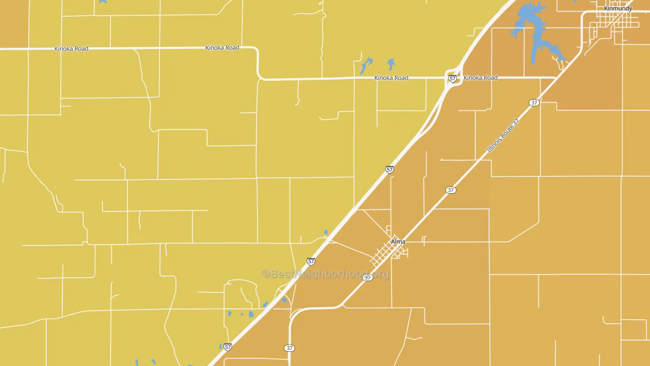 Map of the best neighborhoods in the 62807 area, with better matches in green and worse matches in red