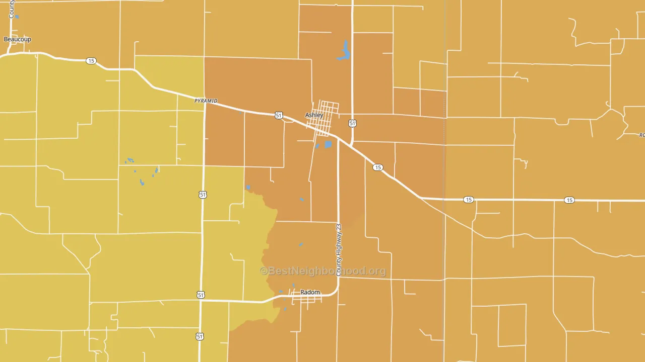 Map of the best neighborhoods in the 62808 area, with better matches in green and worse matches in red