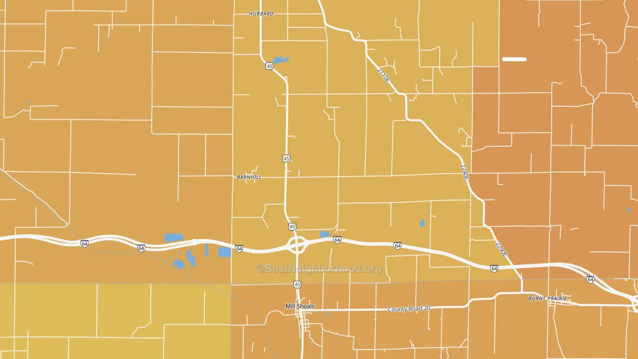 Map of the best neighborhoods in the 62809 area, with better matches in green and worse matches in red