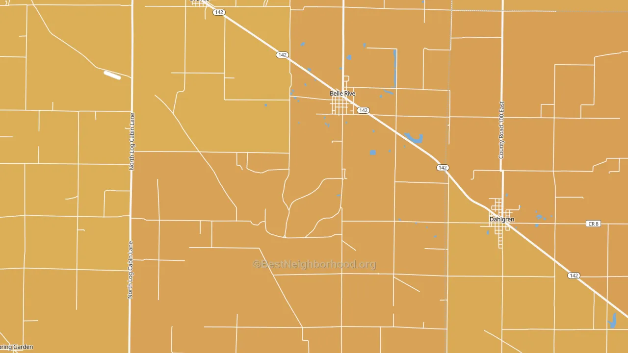Map of the best neighborhoods in the 62810 area, with better matches in green and worse matches in red