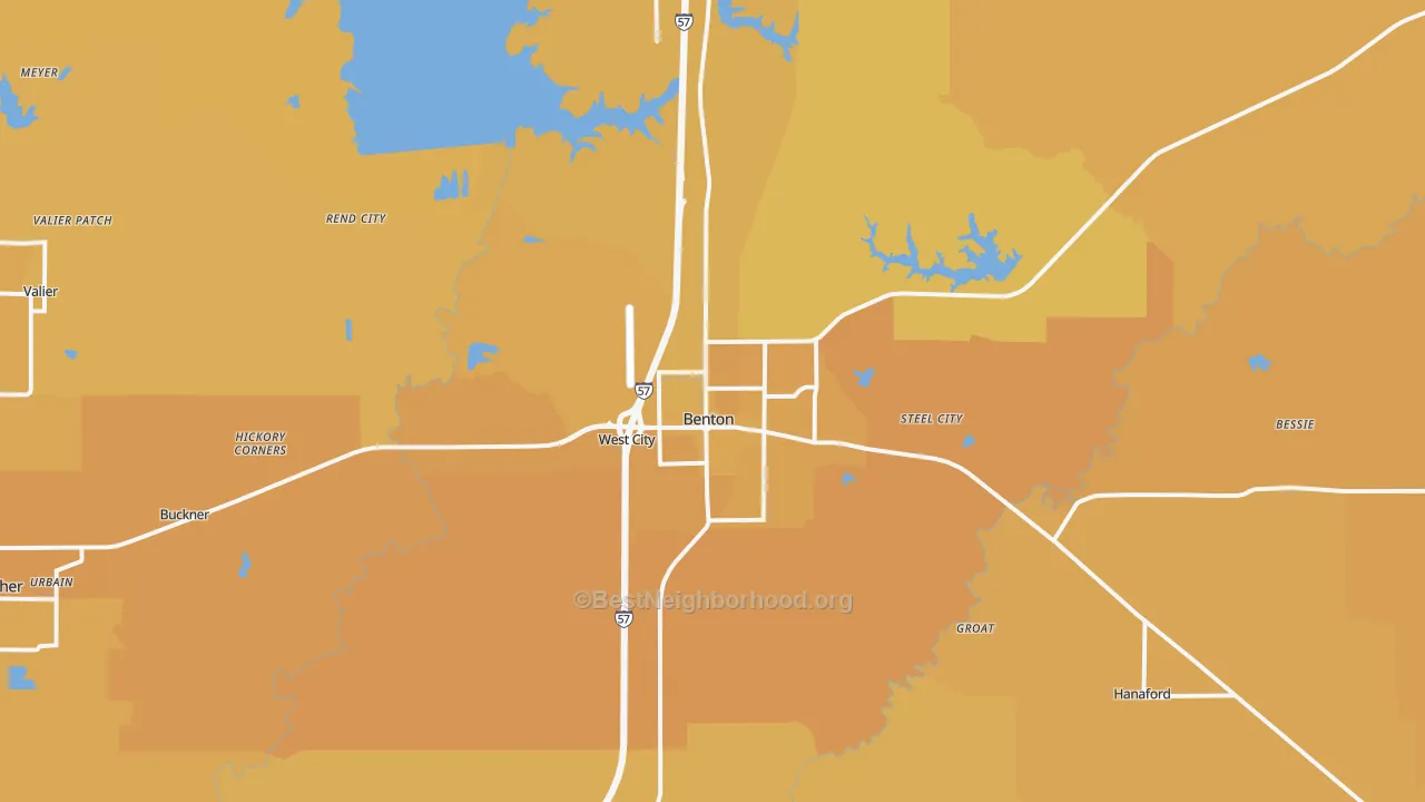 Map of the best neighborhoods in the 62812 area, with better matches in green and worse matches in red