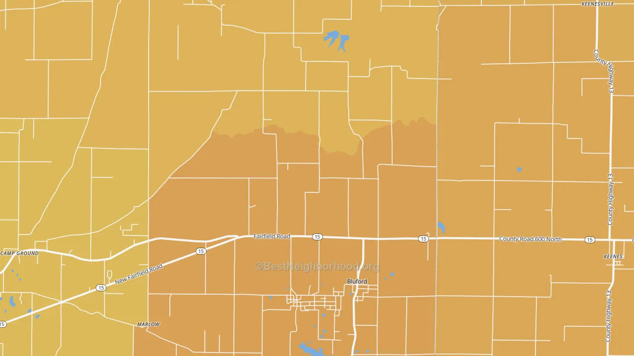 Map of the best neighborhoods in the 62814 area, with better matches in green and worse matches in red