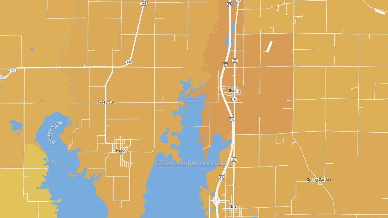 Map of the best neighborhoods in the 62816 area, with better matches in green and worse matches in red