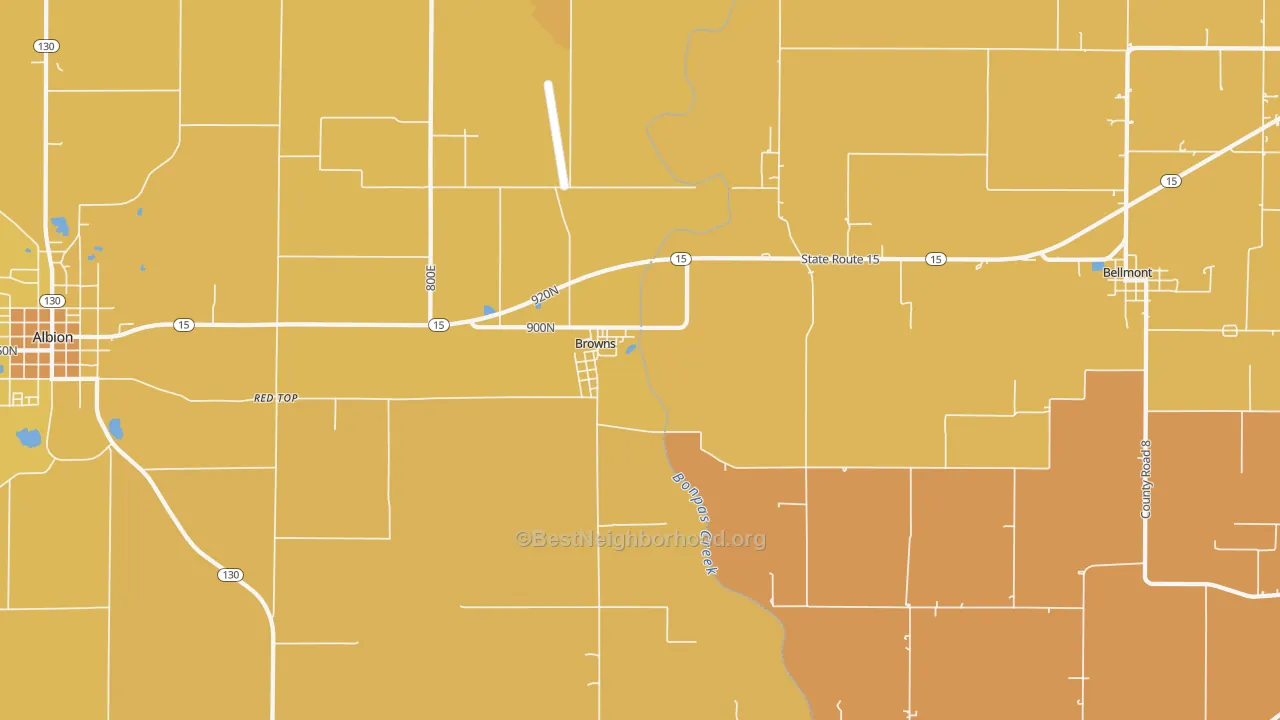 Map of the best neighborhoods in the 62818 area, with better matches in green and worse matches in red