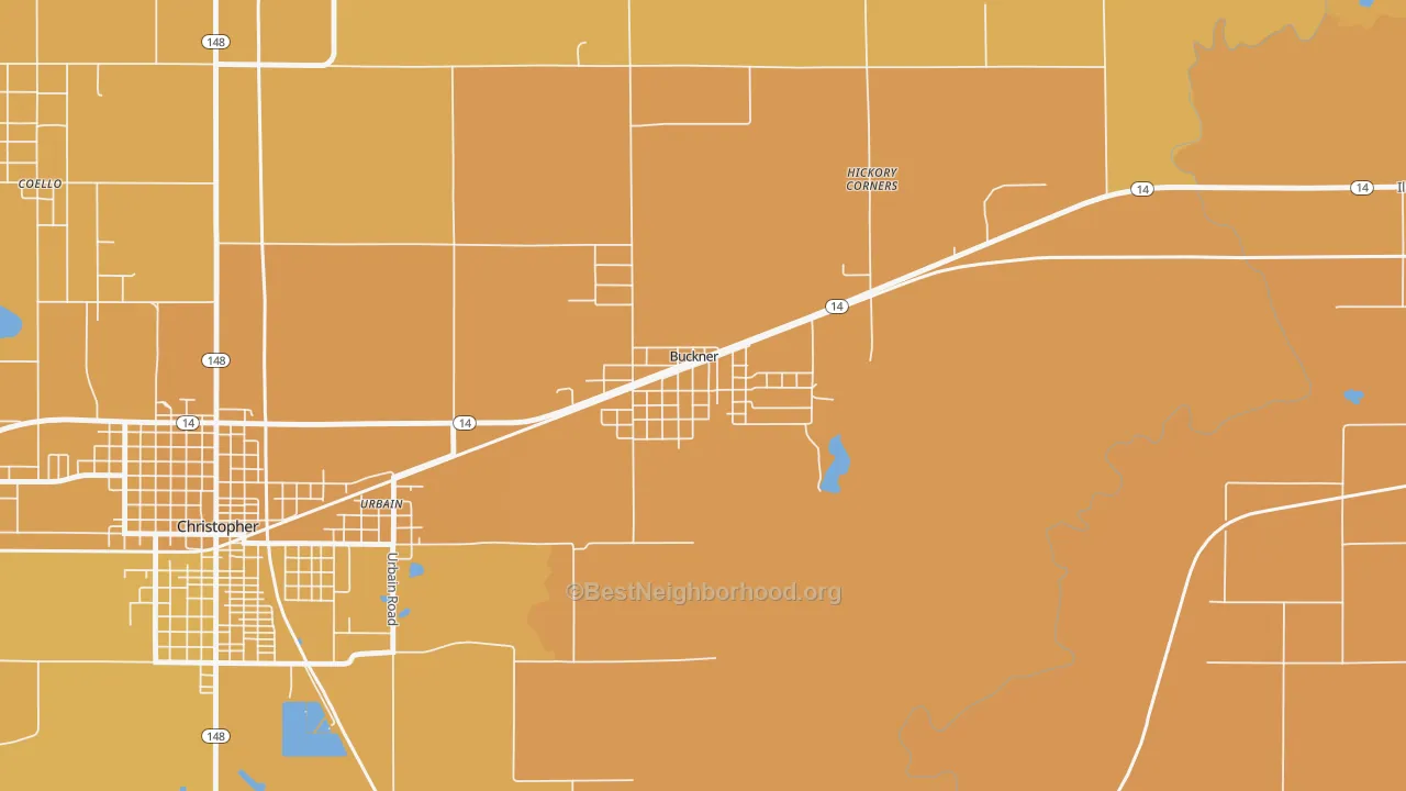 Map of the best neighborhoods in the 62819 area, with better matches in green and worse matches in red
