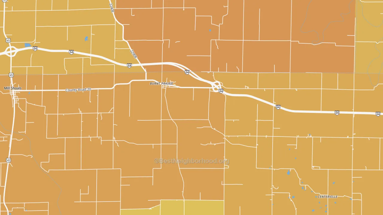 Map of the best neighborhoods in the 62820 area, with better matches in green and worse matches in red