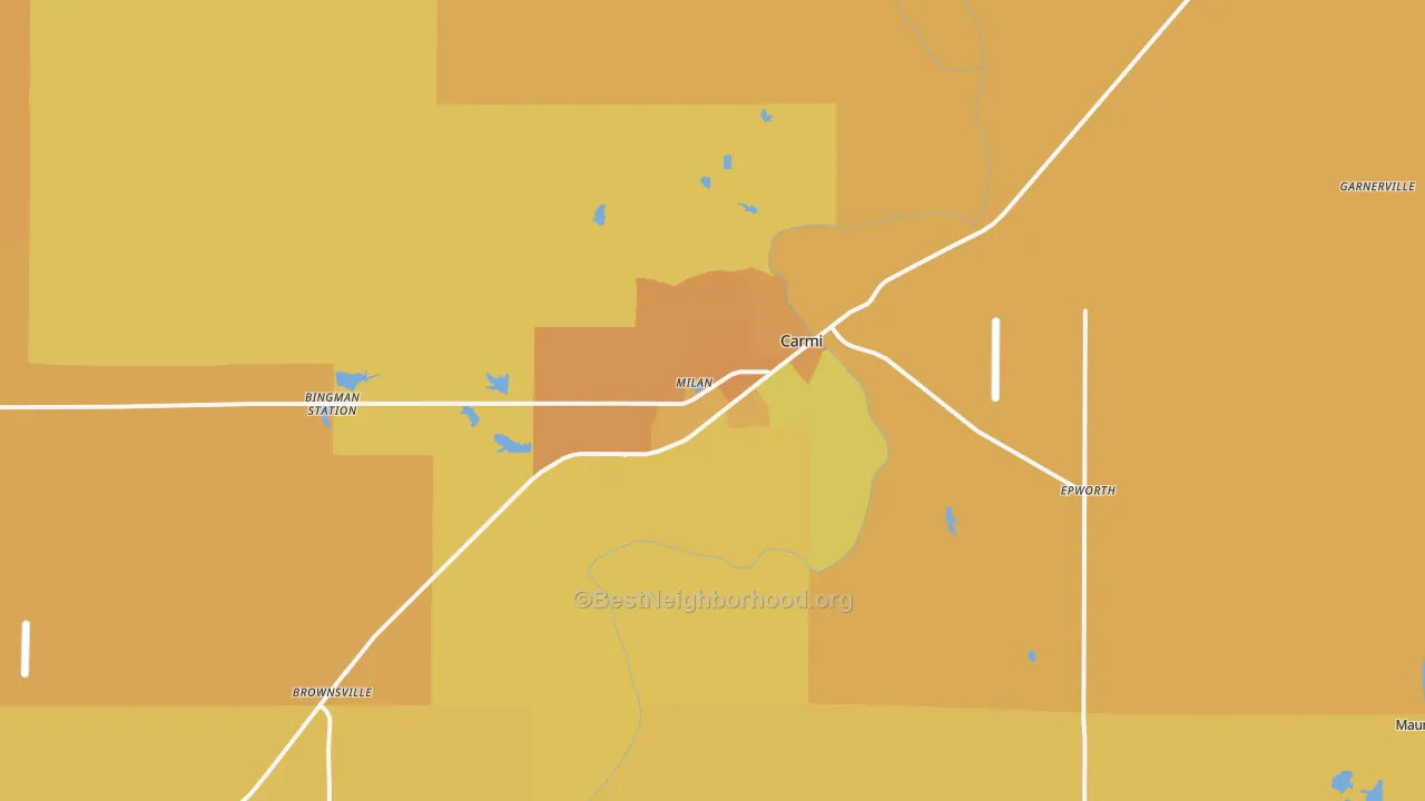 Map of the best neighborhoods in the 62821 area, with better matches in green and worse matches in red