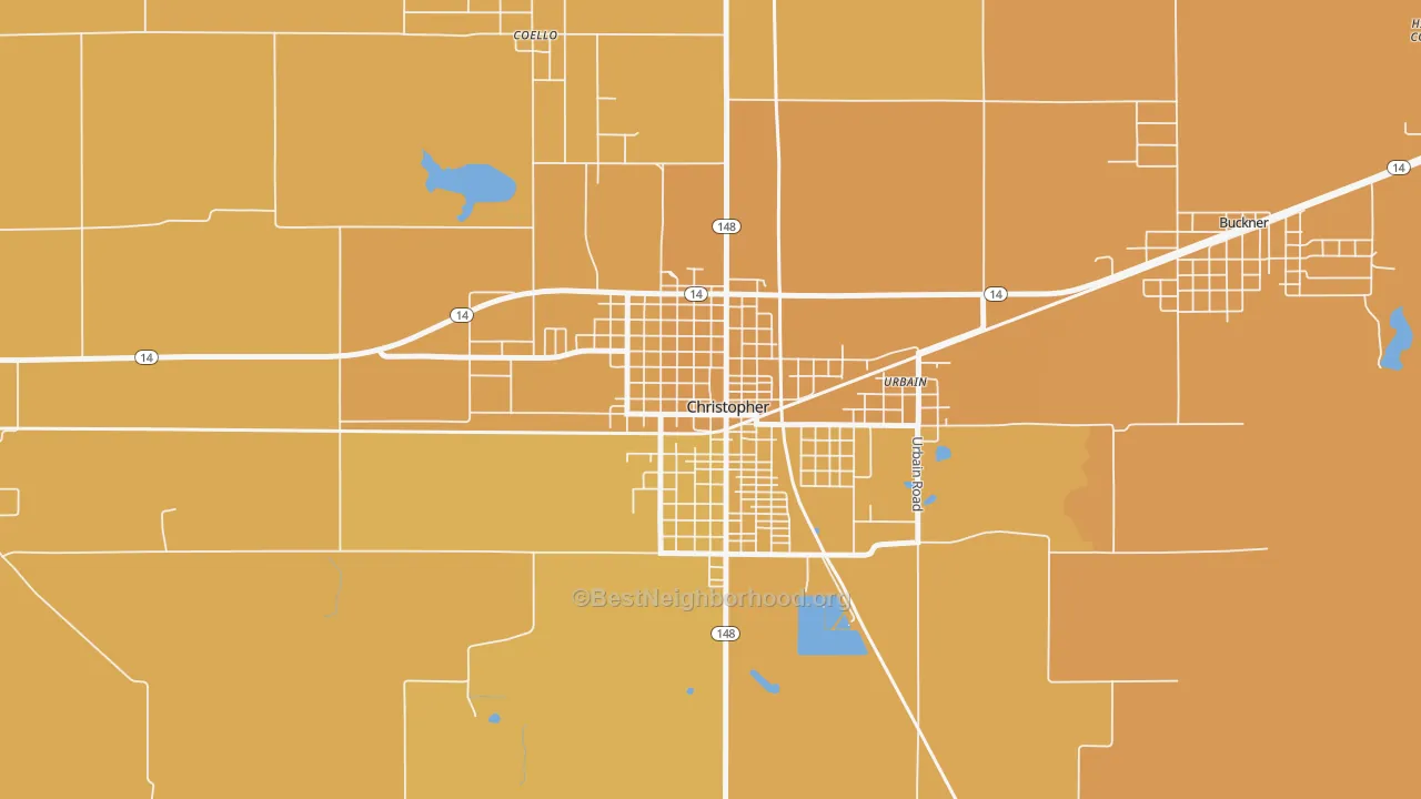 Map of the best neighborhoods in the 62822 area, with better matches in green and worse matches in red