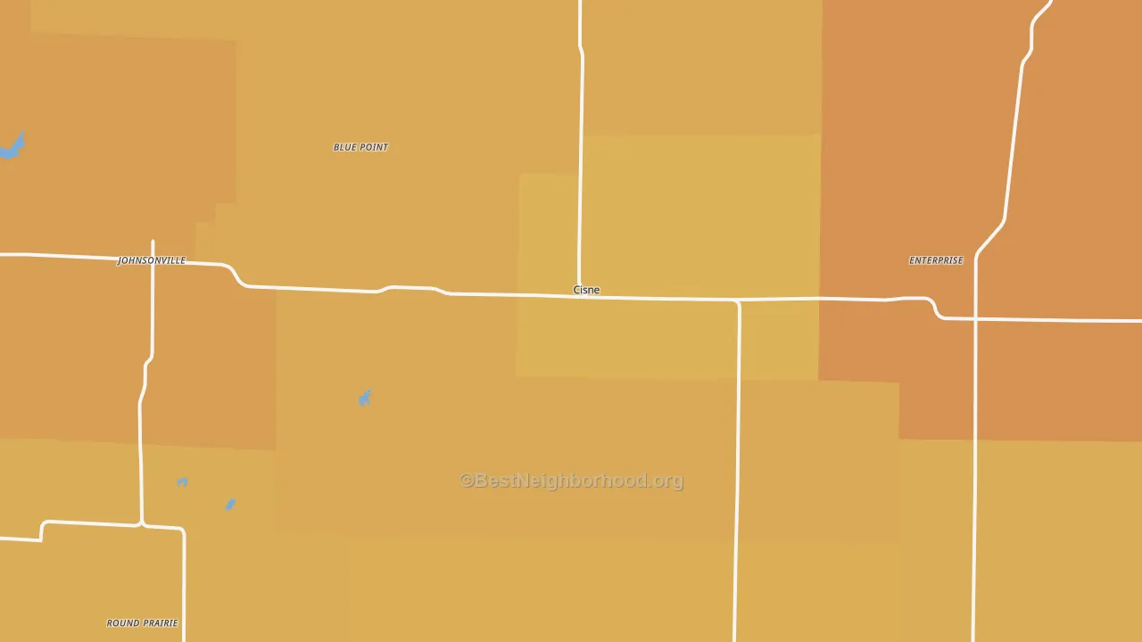 Map of the best neighborhoods in the 62823 area, with better matches in green and worse matches in red