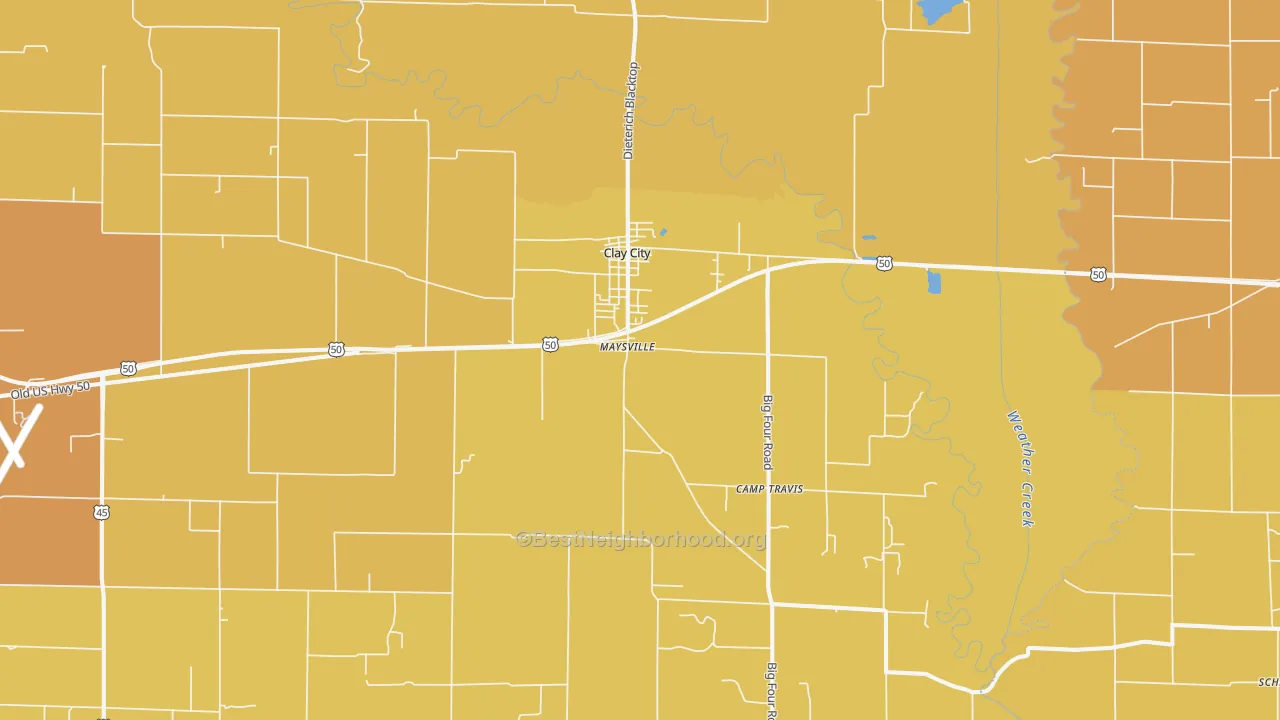 Map of the best neighborhoods in the 62824 area, with better matches in green and worse matches in red