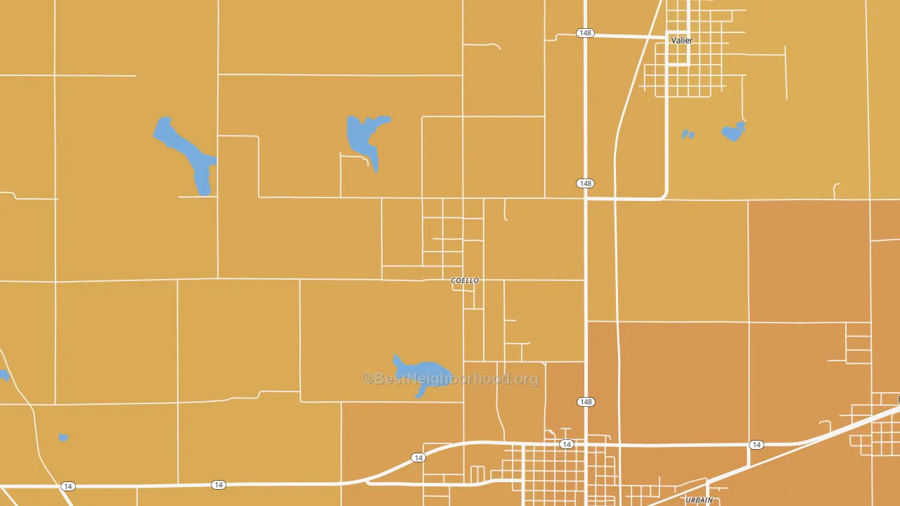 Map of the best neighborhoods in the 62825 area, with better matches in green and worse matches in red