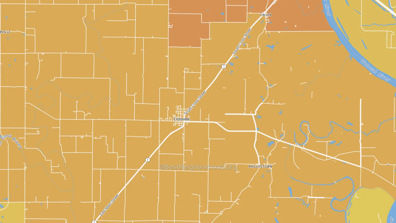Map of the best neighborhoods in the 62827 area, with better matches in green and worse matches in red