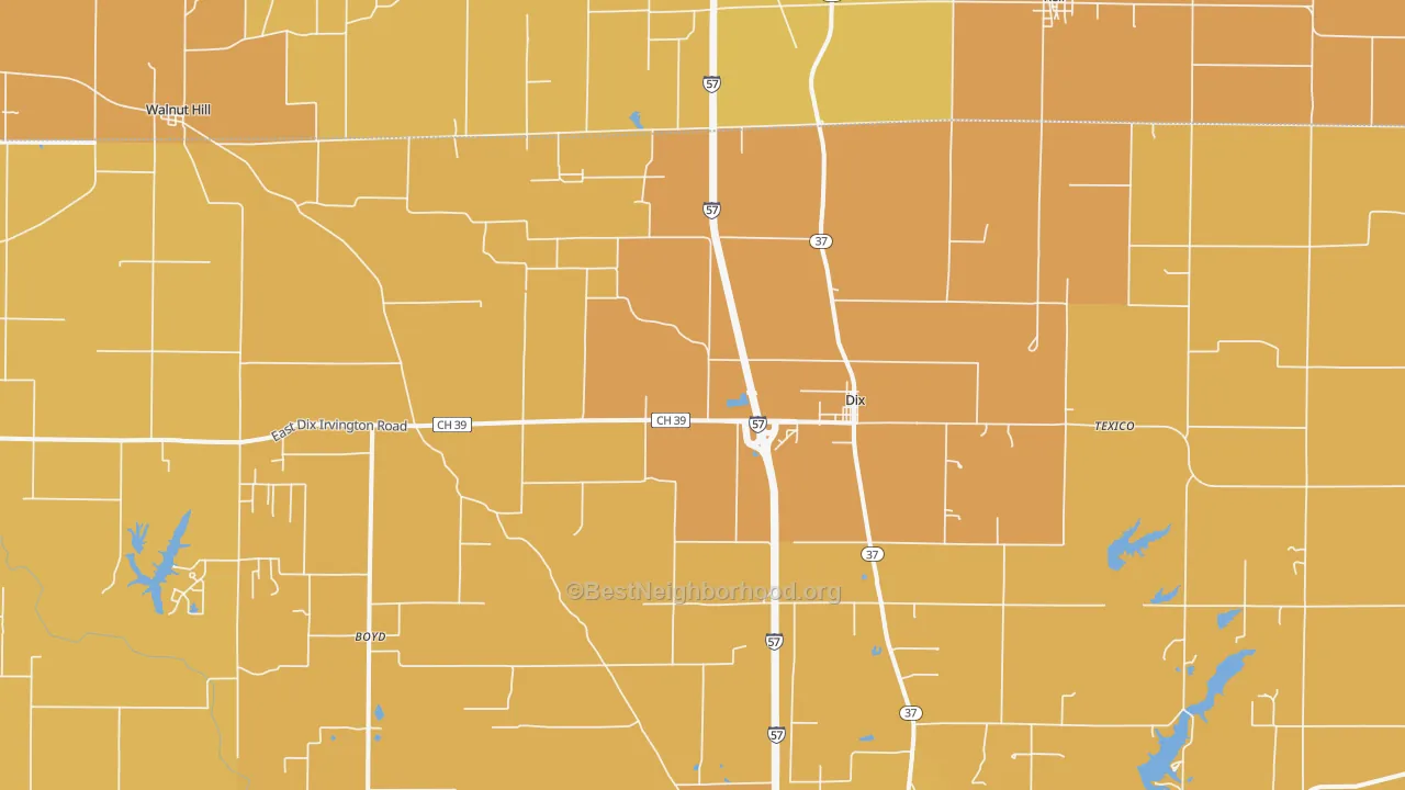 Map of the best neighborhoods in the 62830 area, with better matches in green and worse matches in red