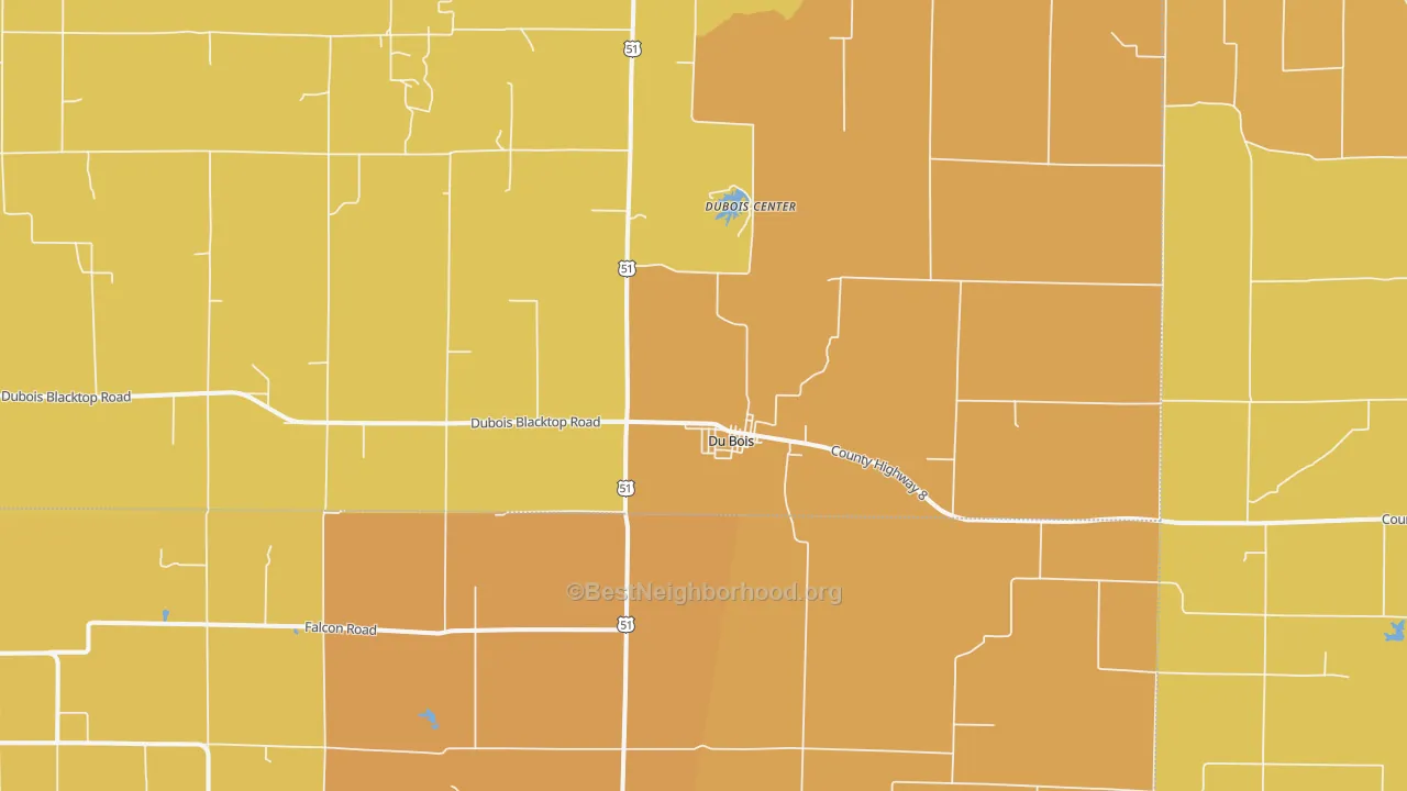 Map of the best neighborhoods in the 62831 area, with better matches in green and worse matches in red