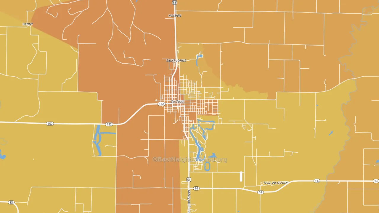 Map of the best neighborhoods in the 62832 area, with better matches in green and worse matches in red