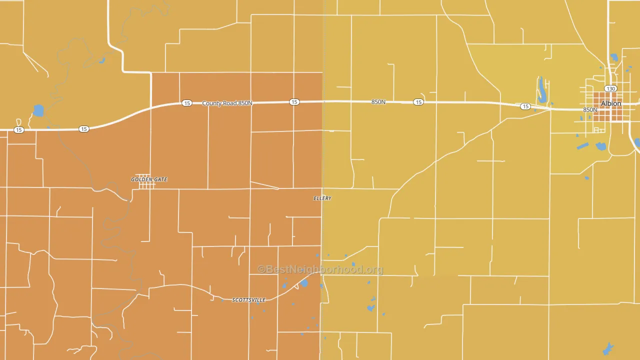 Map of the best neighborhoods in the 62833 area, with better matches in green and worse matches in red