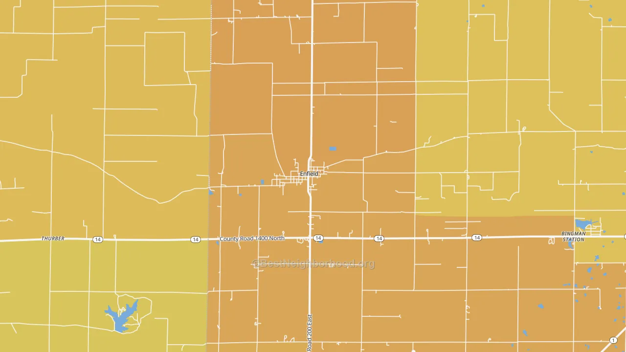 Map of the best neighborhoods in the 62835 area, with better matches in green and worse matches in red