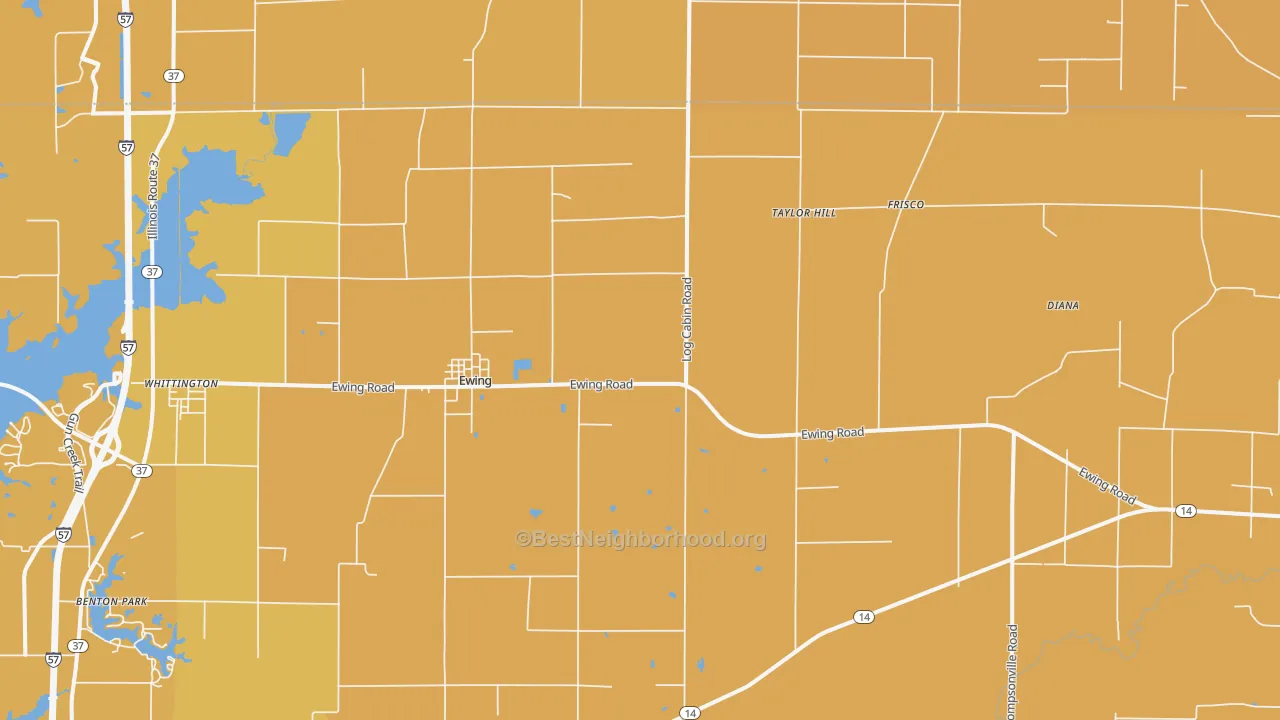 Map of the best neighborhoods in the 62836 area, with better matches in green and worse matches in red