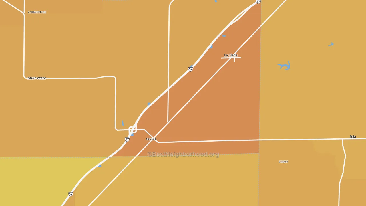 Map of the best neighborhoods in the 62838 area, with better matches in green and worse matches in red