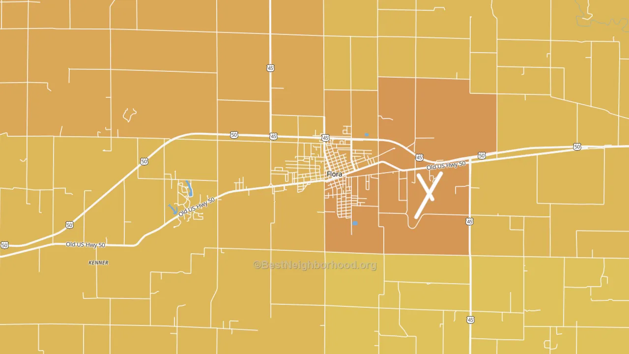 Map of the best neighborhoods in the 62839 area, with better matches in green and worse matches in red