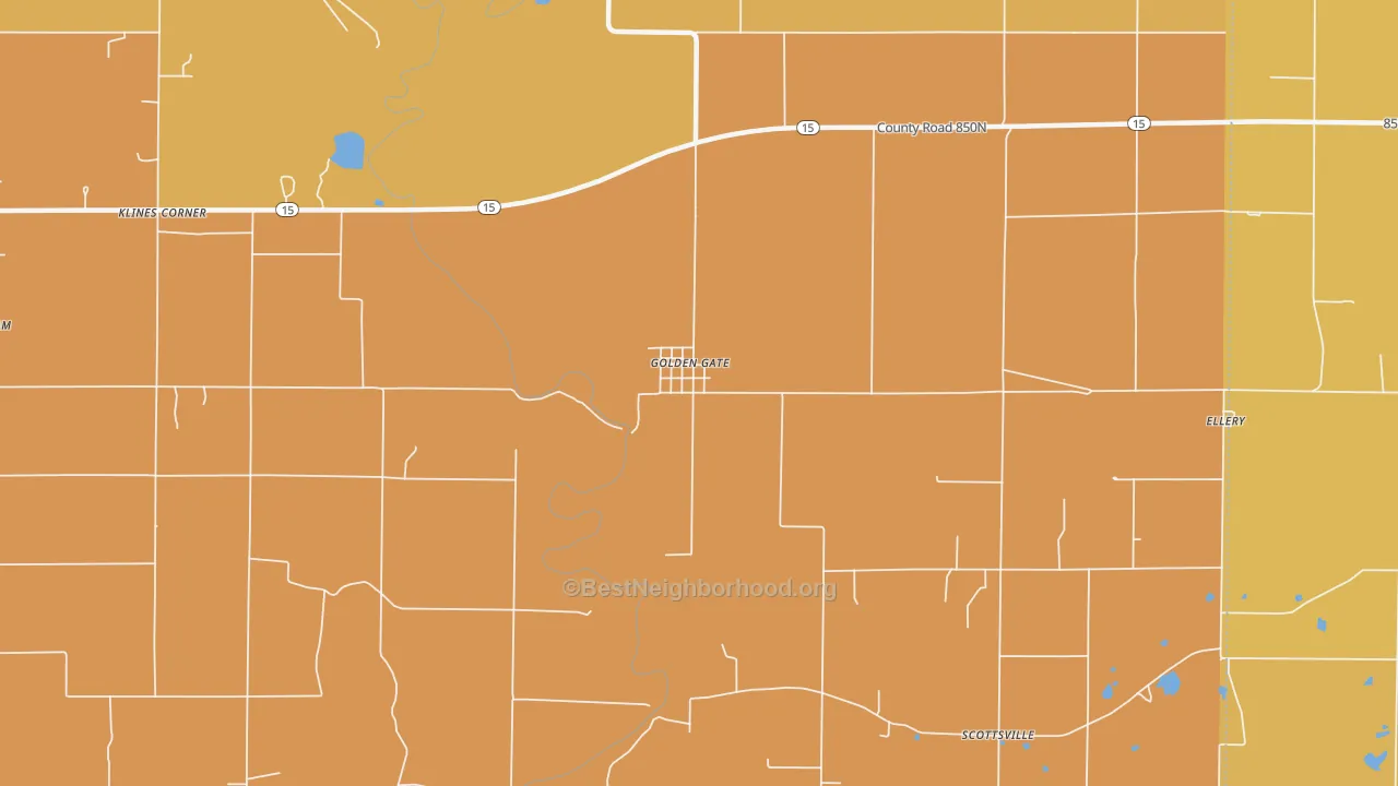 Map of the best neighborhoods in the 62843 area, with better matches in green and worse matches in red