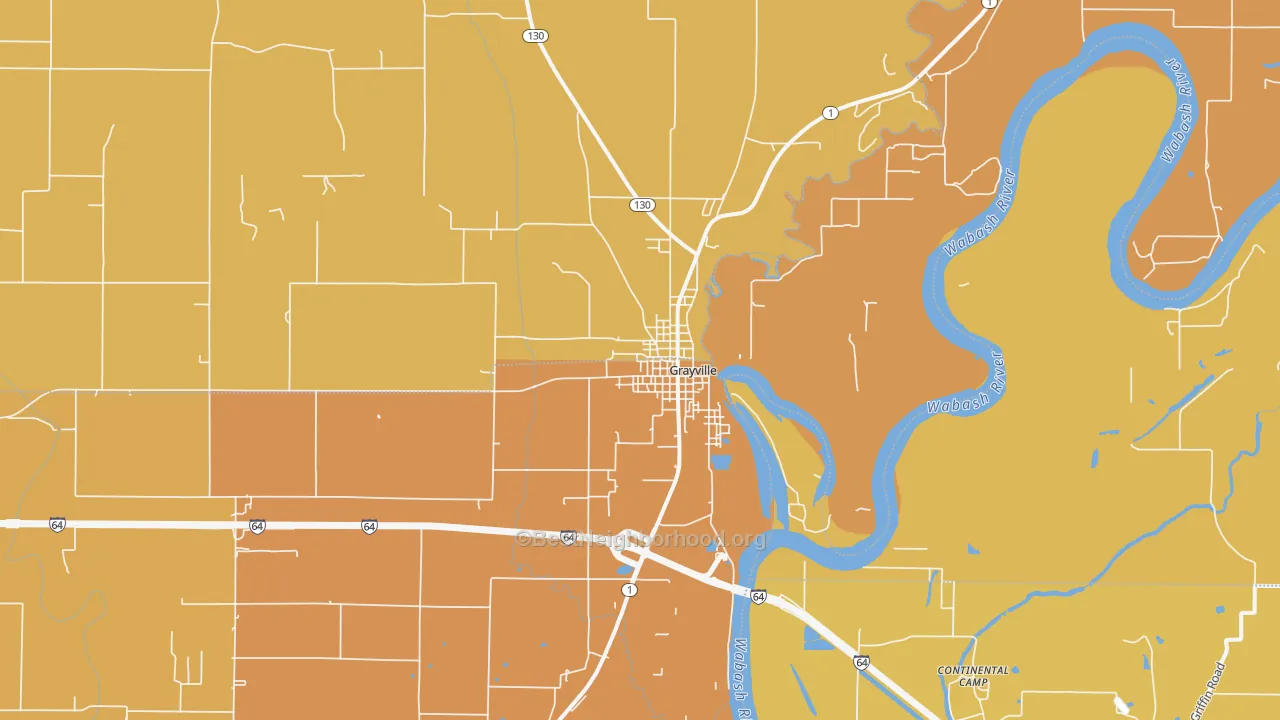 Map of the best neighborhoods in the 62844 area, with better matches in green and worse matches in red