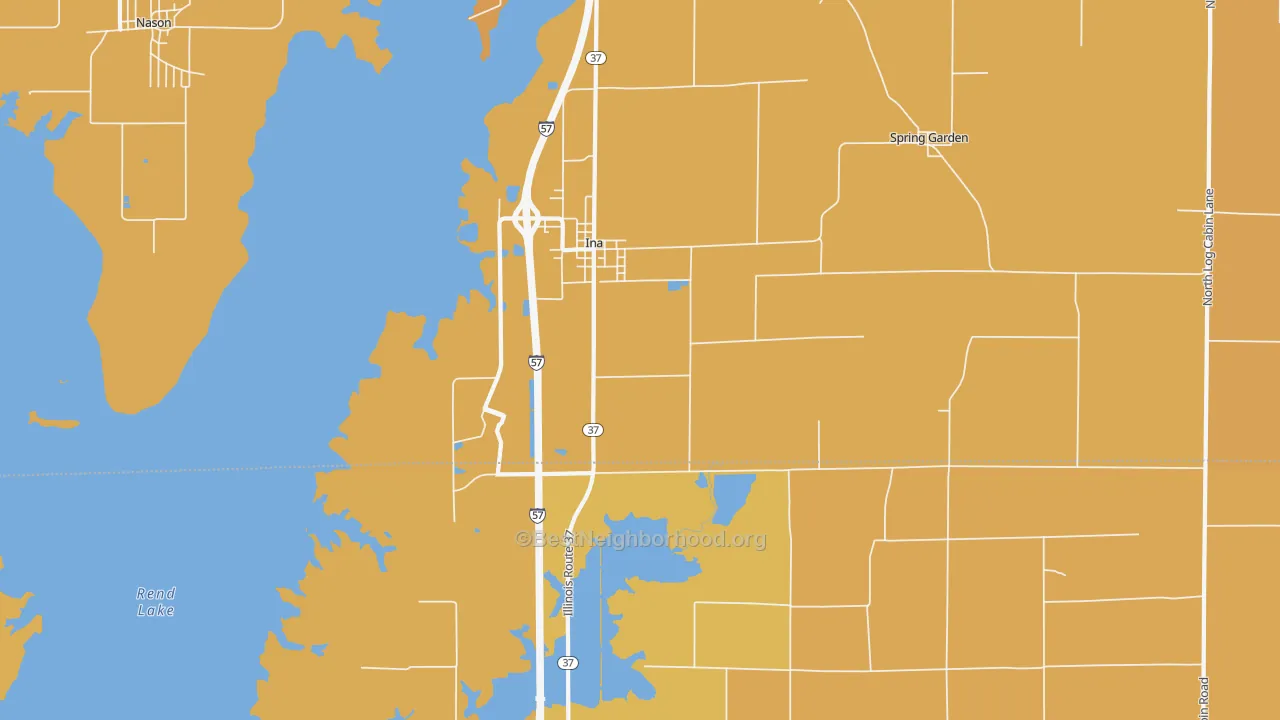 Map of the best neighborhoods in the 62846 area, with better matches in green and worse matches in red