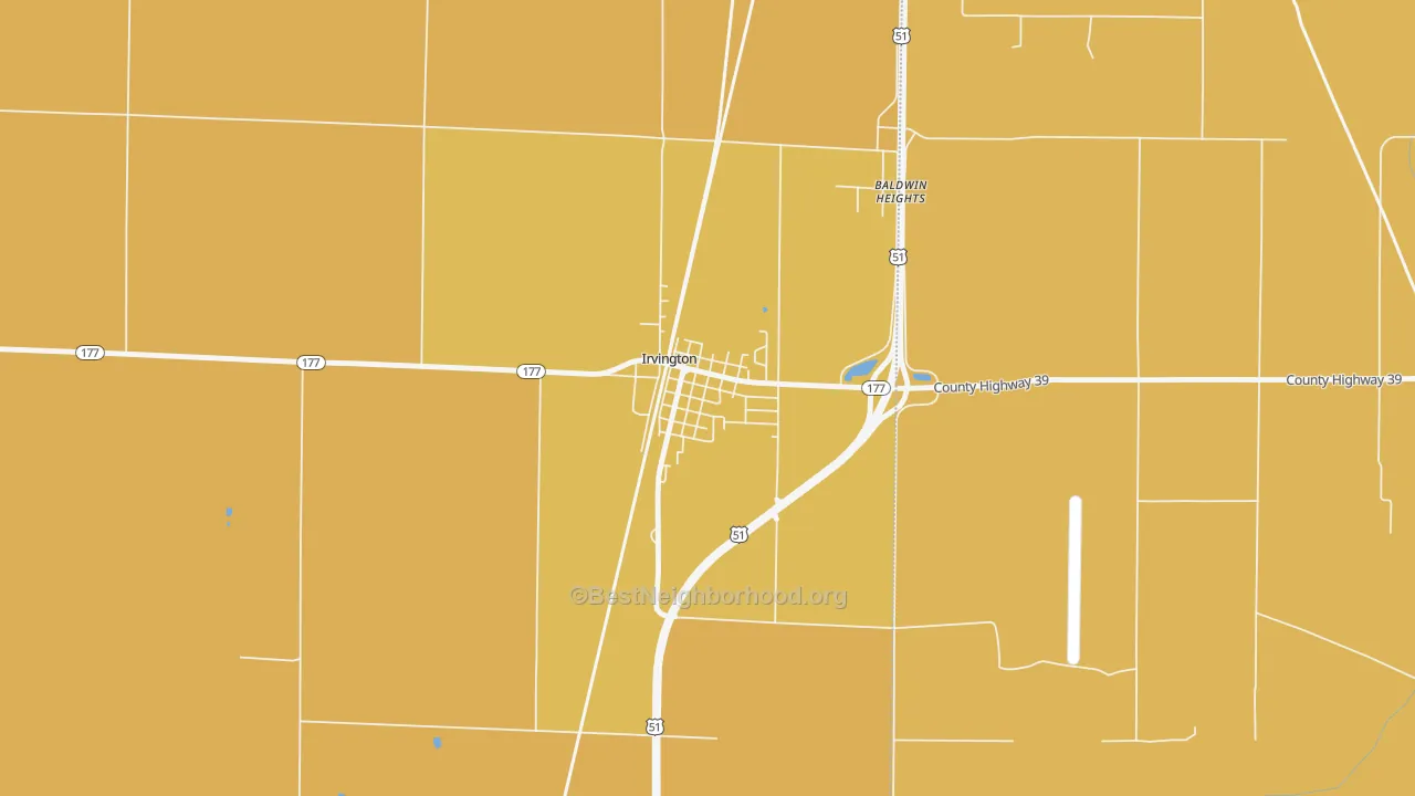 Map of the best neighborhoods in the 62848 area, with better matches in green and worse matches in red