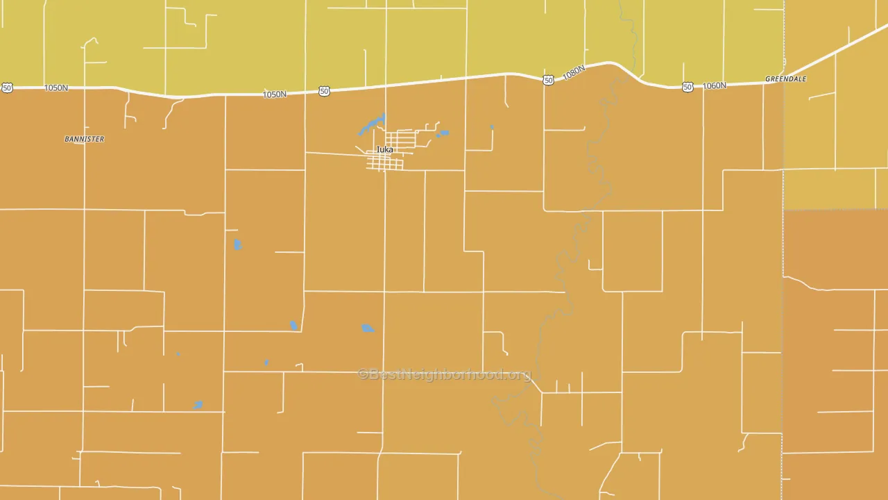 Map of the best neighborhoods in the 62849 area, with better matches in green and worse matches in red
