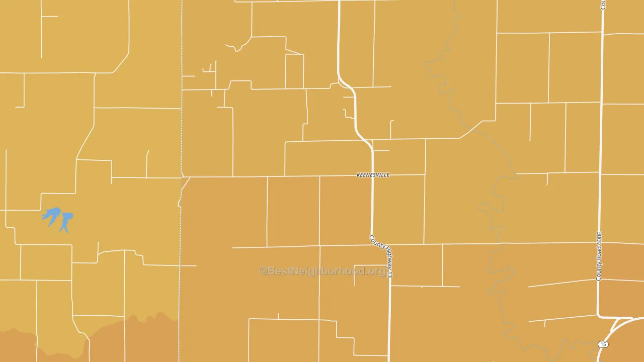 Map of the best neighborhoods in the 62851 area, with better matches in green and worse matches in red