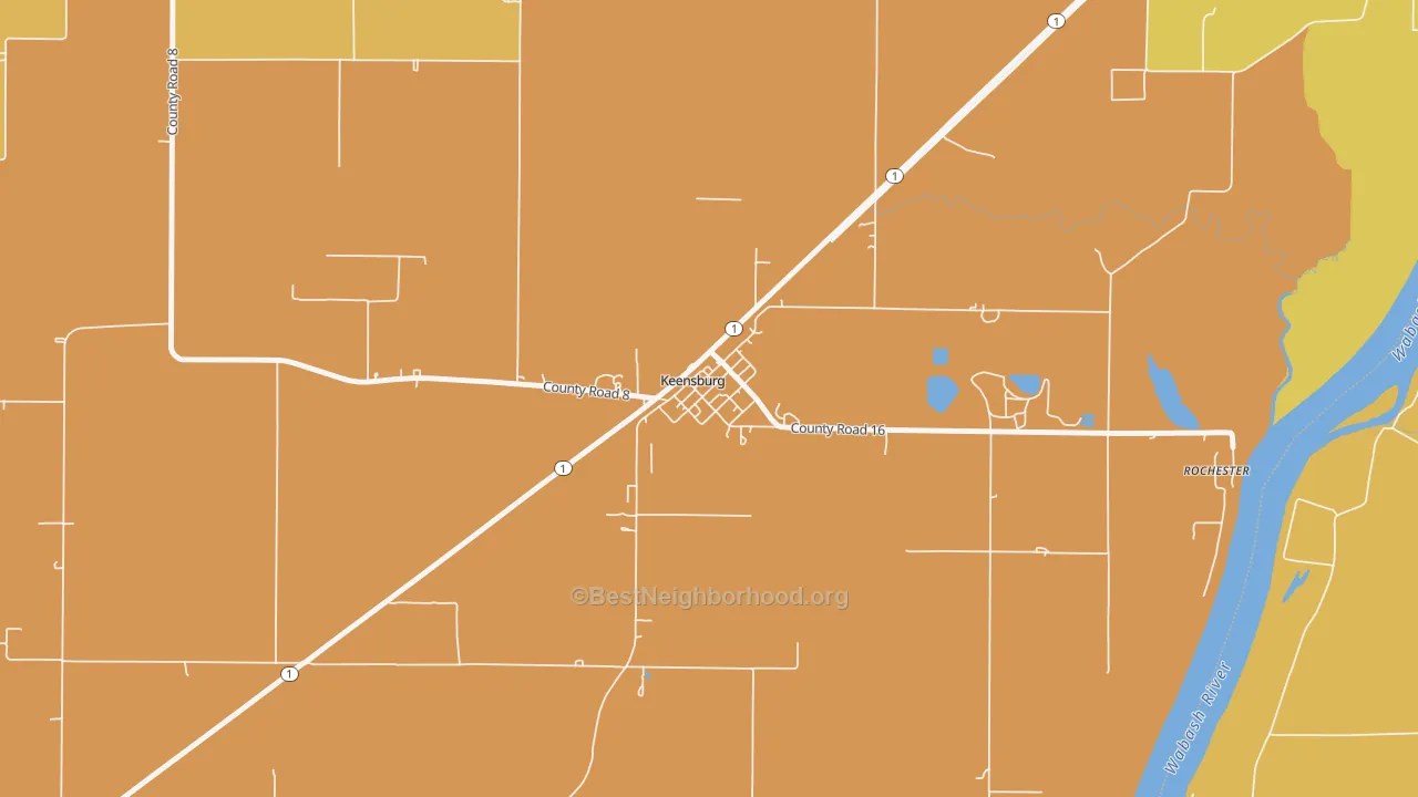 Map of the best neighborhoods in the 62852 area, with better matches in green and worse matches in red