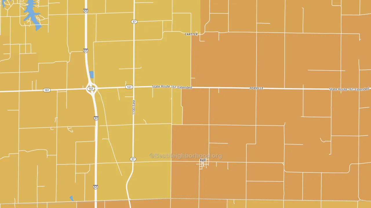 Map of the best neighborhoods in the 62853 area, with better matches in green and worse matches in red