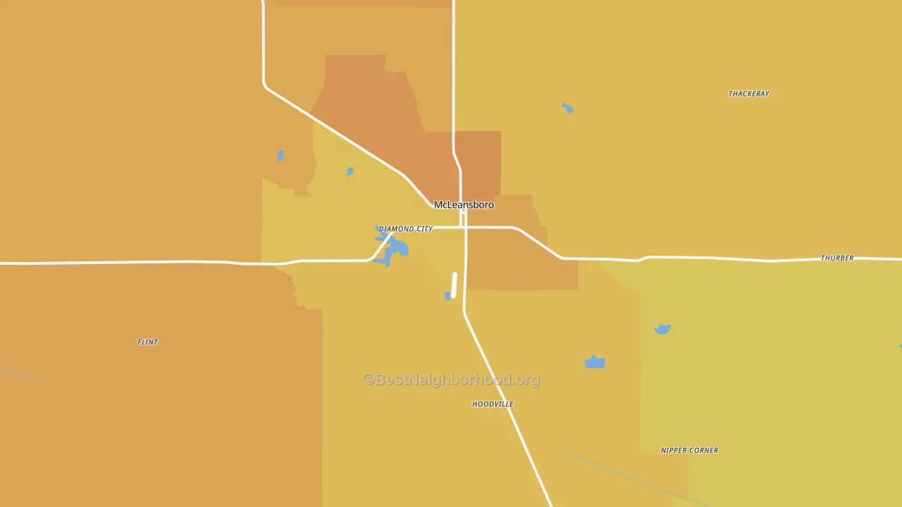 Map of the best neighborhoods in the 62859 area, with better matches in green and worse matches in red