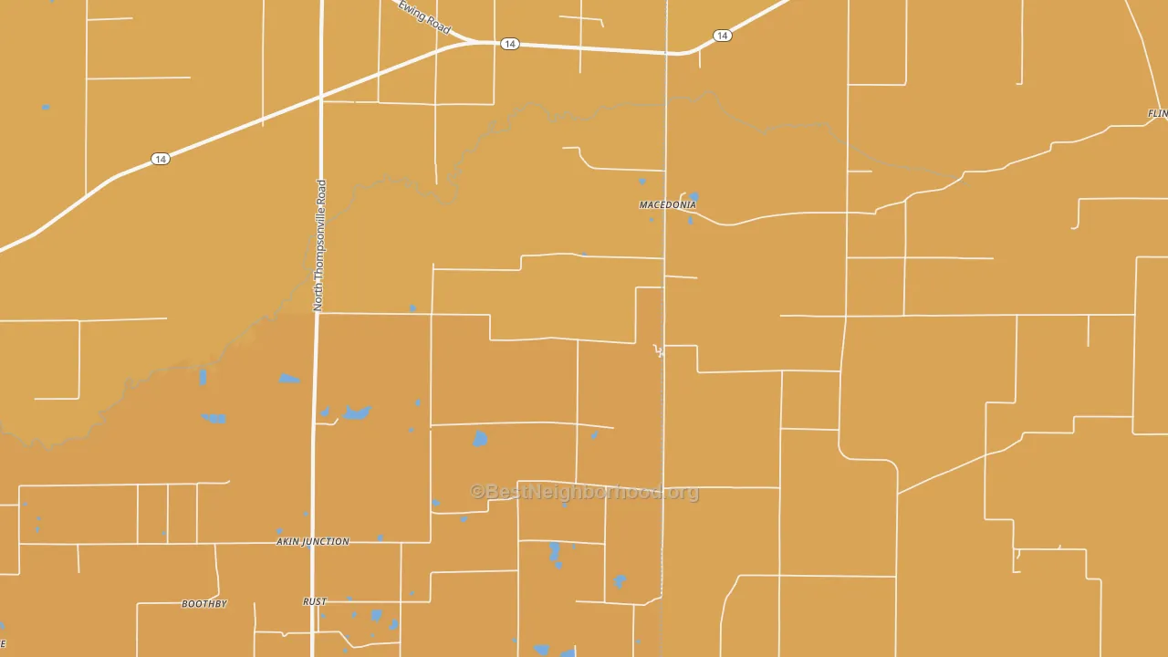 Map of the best neighborhoods in the 62860 area, with better matches in green and worse matches in red