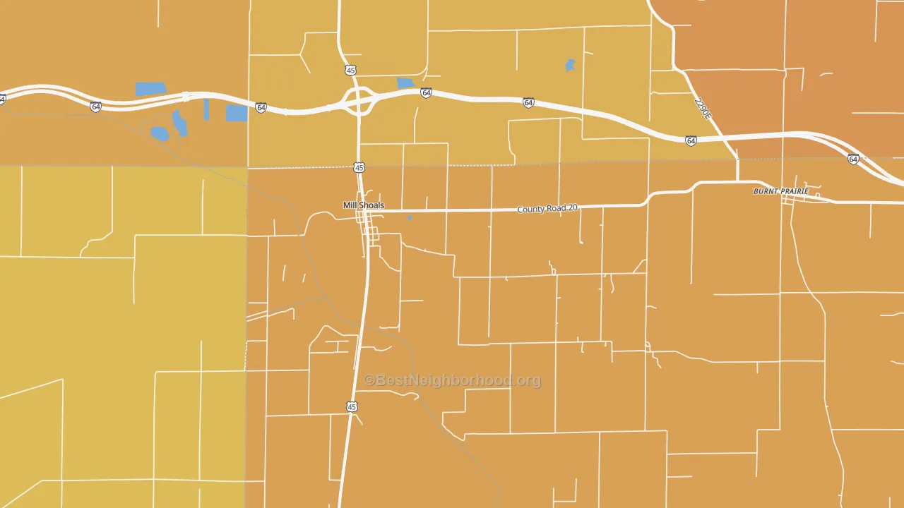 Map of the best neighborhoods in the 62862 area, with better matches in green and worse matches in red