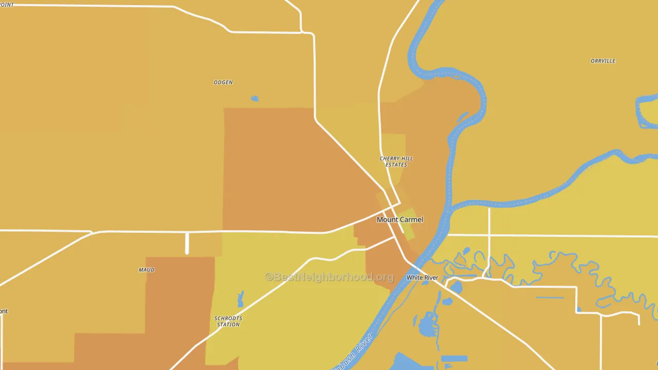 Map of the best neighborhoods in the 62863 area, with better matches in green and worse matches in red