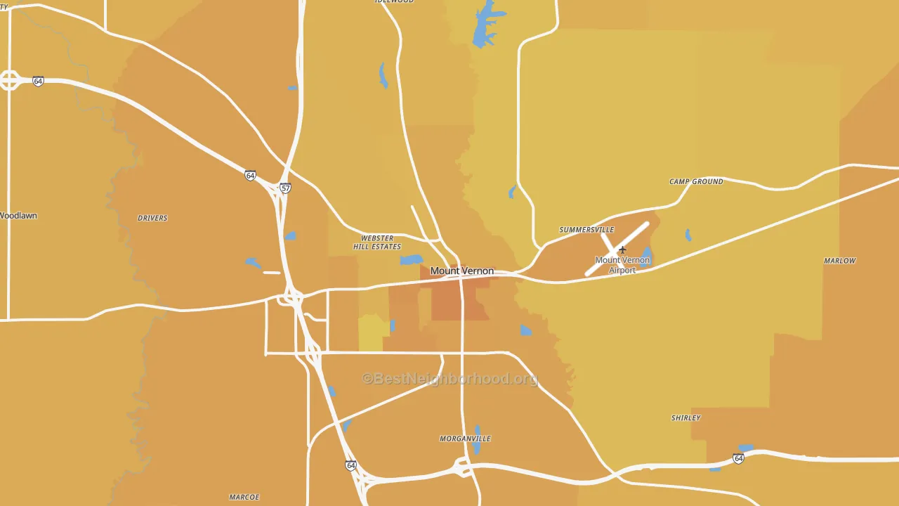 Map of the best neighborhoods in the 62864 area, with better matches in green and worse matches in red